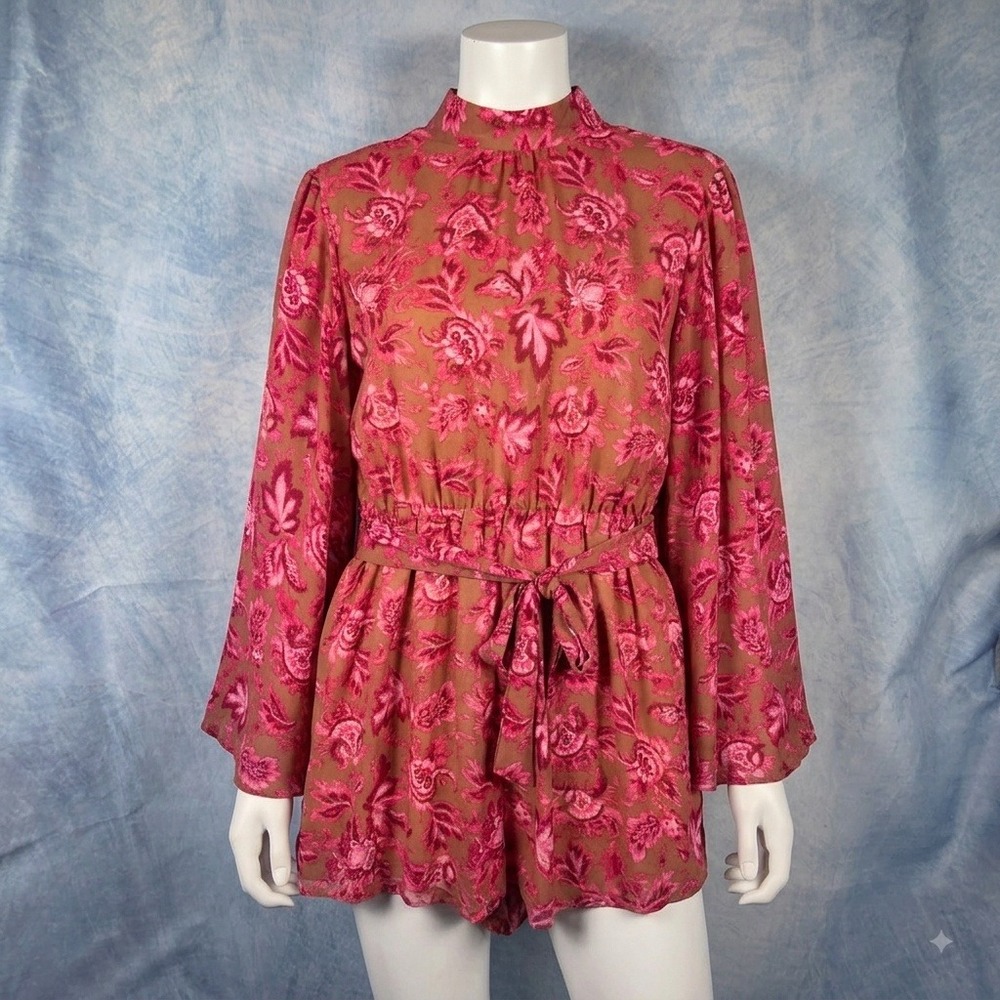 Sunday Up Womens Floral Long Sleeve Open Back Romper Pink Brown Size L